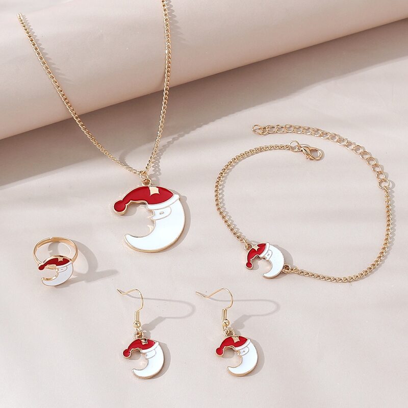 

5pcs Christmas Hat & Moon Charm Jewelry Set, Multicolor