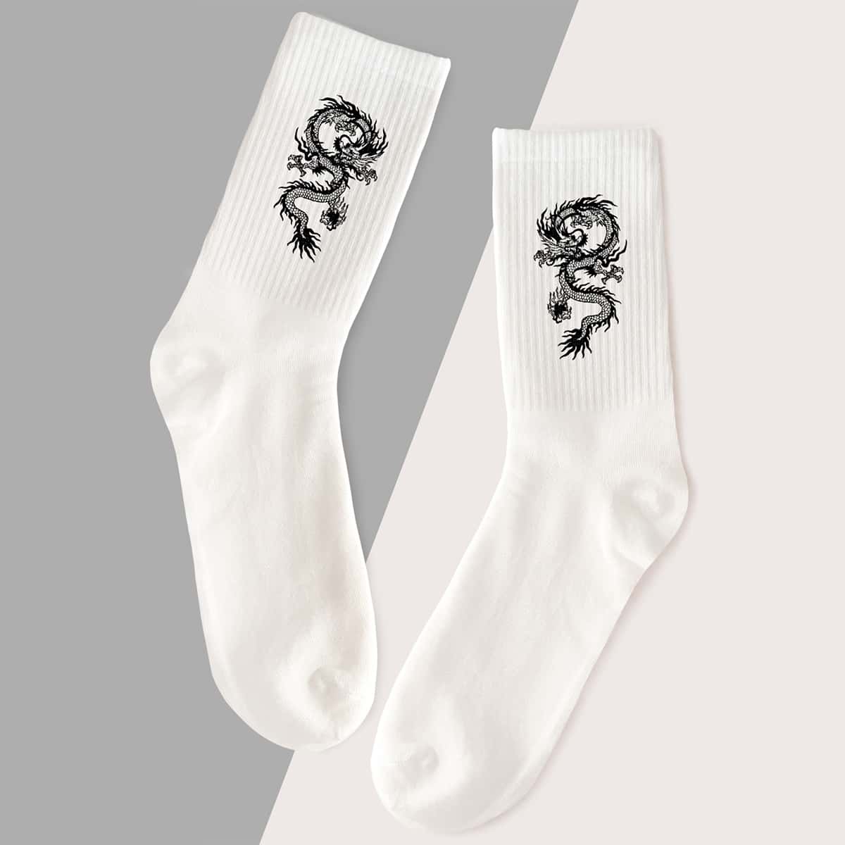 

Chinese Dragon Graphic Crew Socks, White