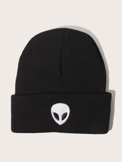 Men Alien Embroidery Cuffed Beanie