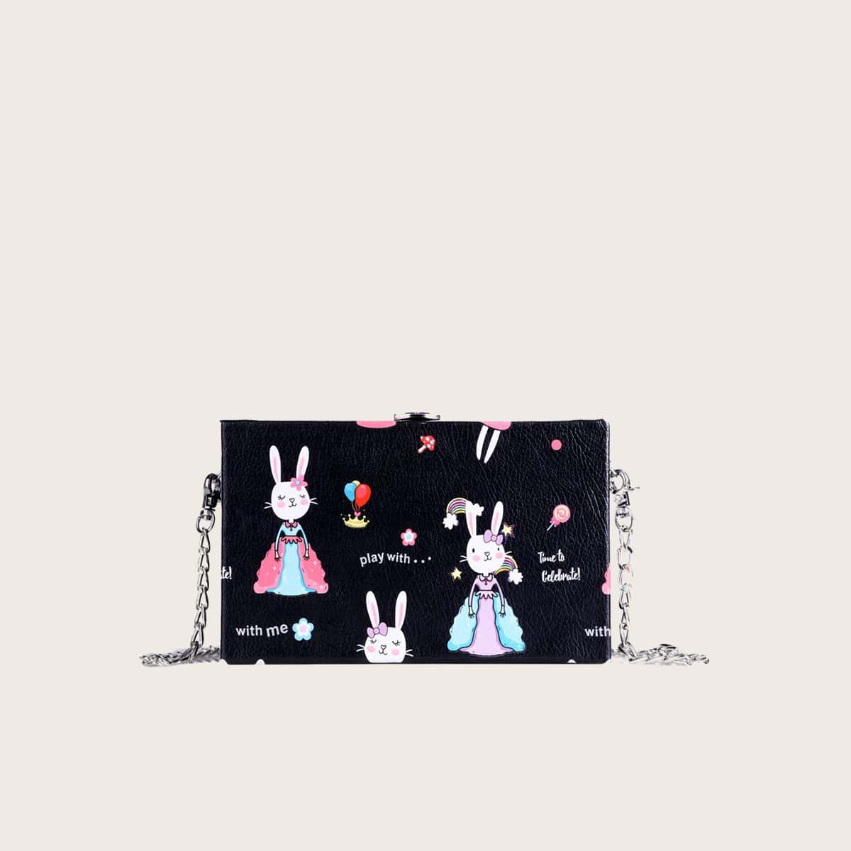 

Cartoon Rabbit Chain Box Bag, Black