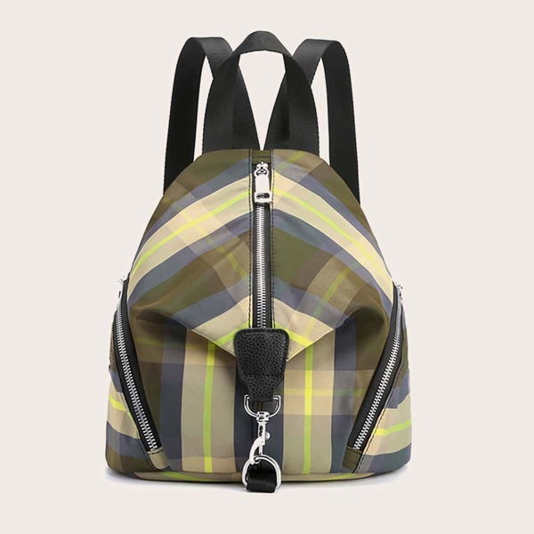 

Plaid Zip Front Backpack, Green