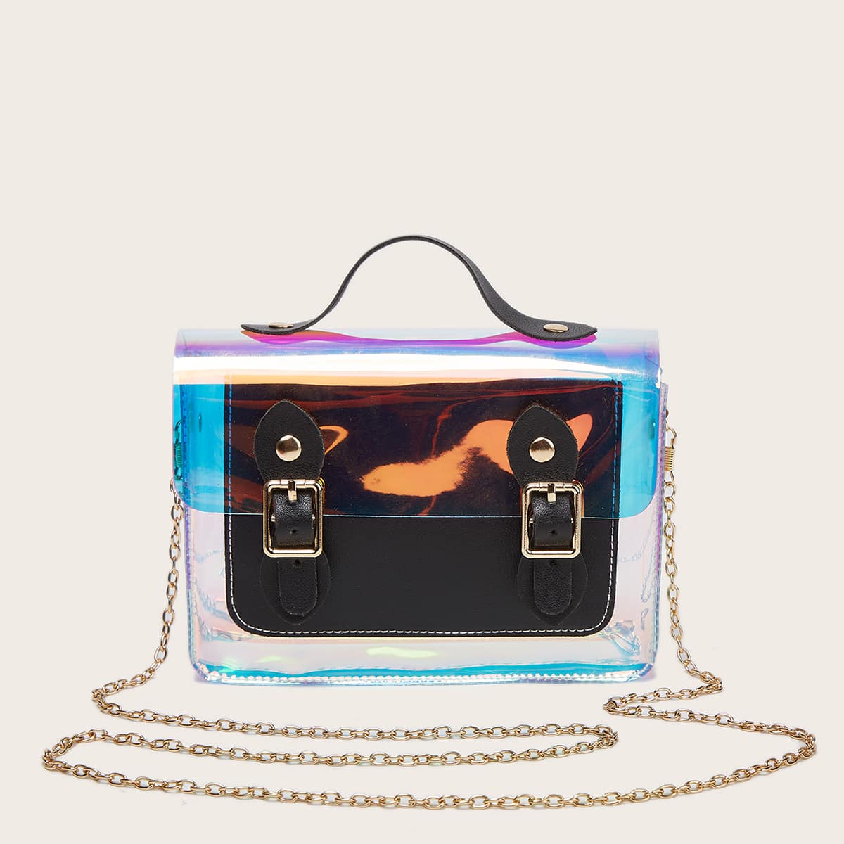 

Holographic Chain Satchel Bag, Black