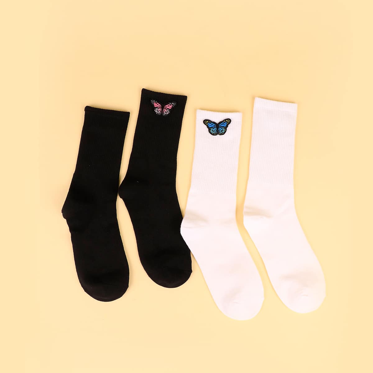 

2pairs Butterfly Print Socks, Black and white