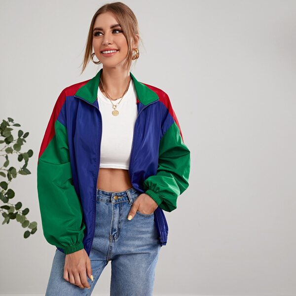 

Zipper Front Colorblock Windbreaker Jacket, Multicolor