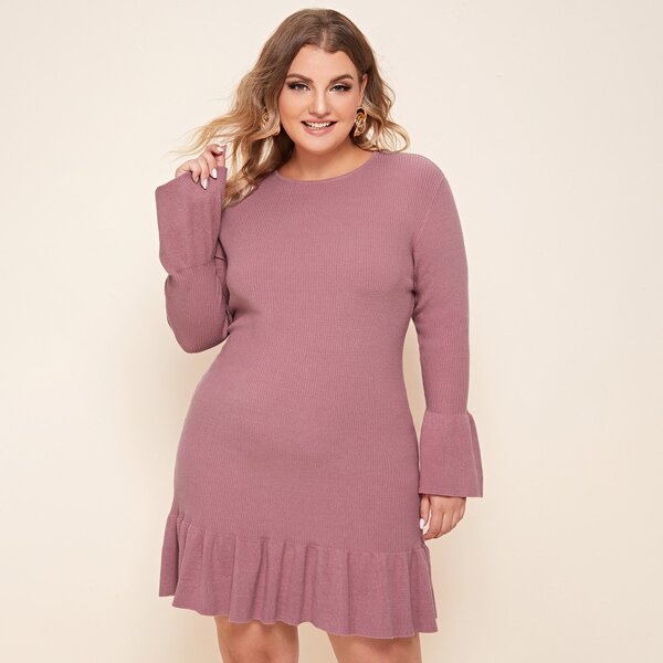 

Plus Bell Sleeve Ruffle Hem Ribbed Knit Sweater Dress, Dusty pink