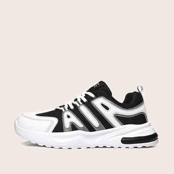 

Men Lace-up Front Mesh Chunky Sneakers, Black and white