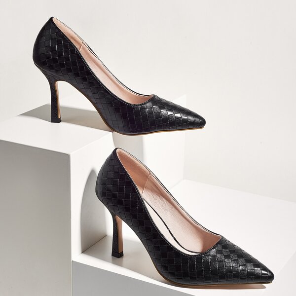 

Point Toe Textured Stiletto Heeled Pumps, Black