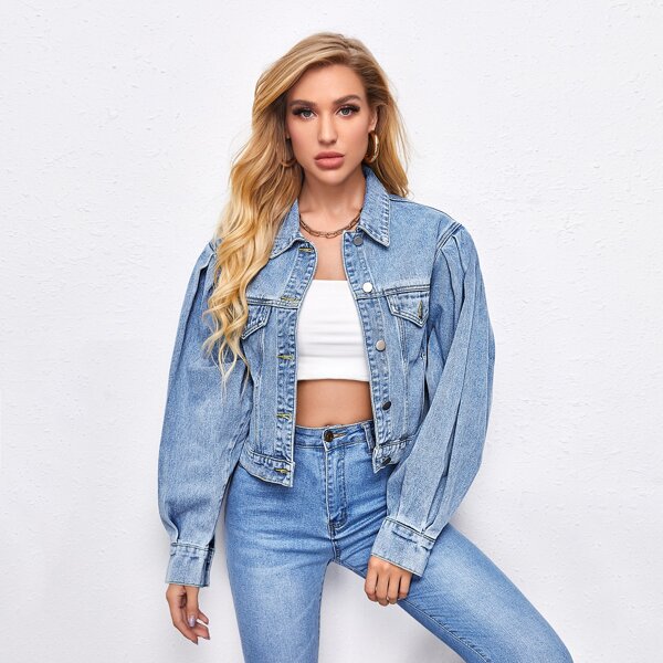 

Button Front Lantern Sleeve Denim Jacket, Light wash