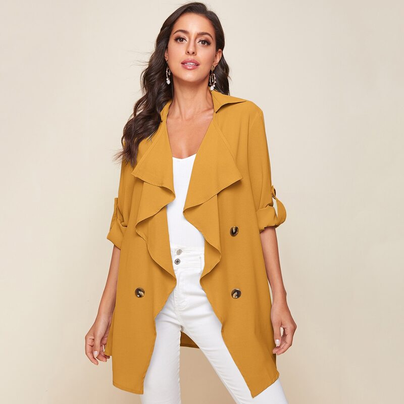 

Waterfall Collar Roll Up Sleeve Buttoned Front Coat, Mustard yellow