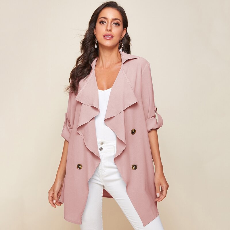

Waterfall Collar Roll Up Sleeve Buttoned Front Coat, Dusty pink