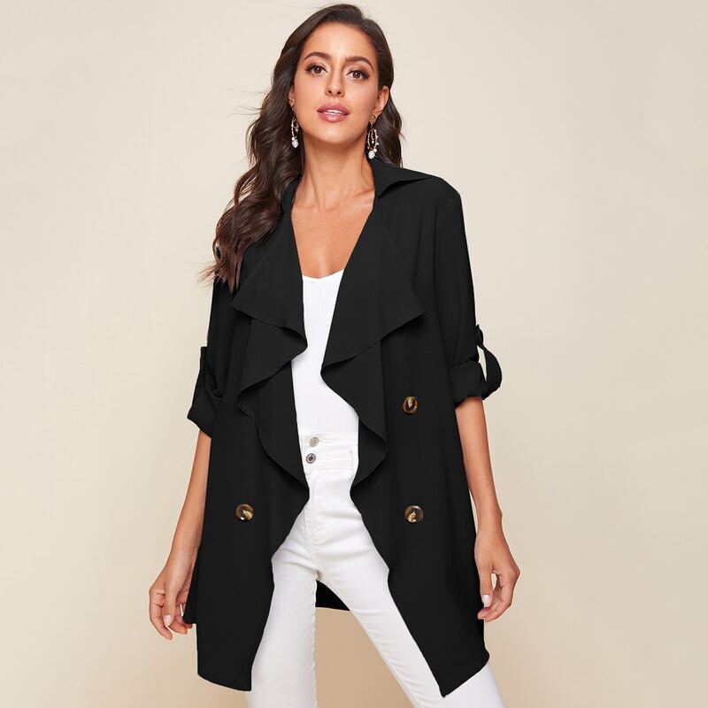 

Waterfall Collar Roll Up Sleeve Buttoned Front Coat, Black