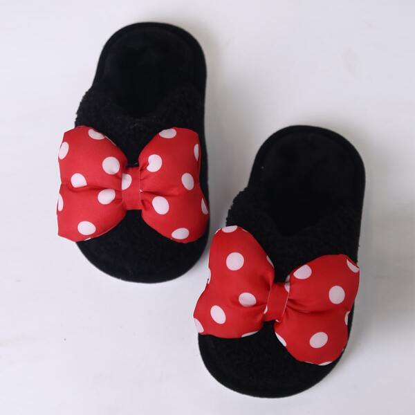 

Girls Polka Dot Bow Decor Fluffy Slippers, Black