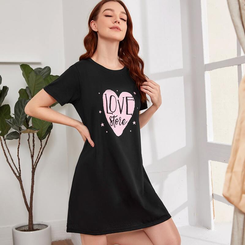 

Heart And Letter Graphic Night Dress, Black