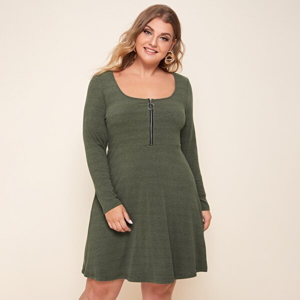 

Plus O-ring Zip Half Placket Dress, Army green