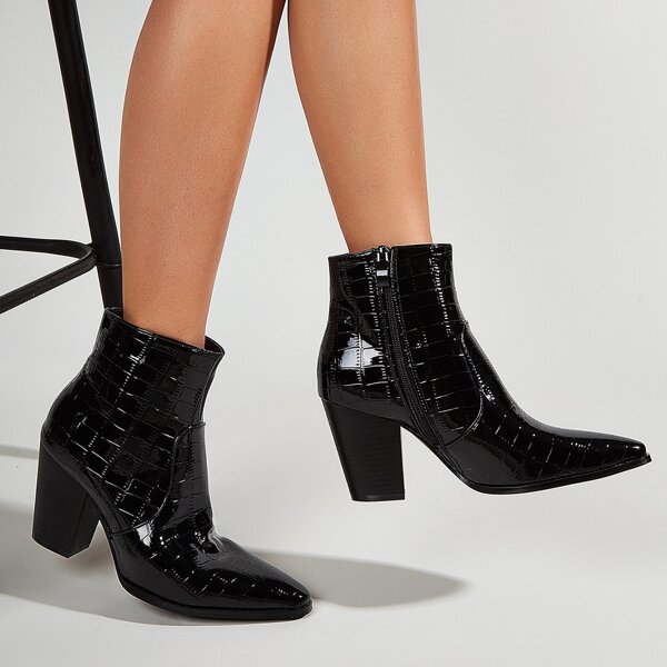 

Point Toe Croc Embossed Boots, Black