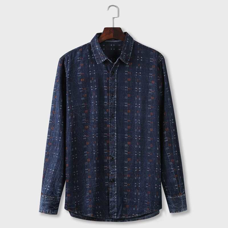 

Guys Allover Print Button Up Denim Shirt, Dark wash