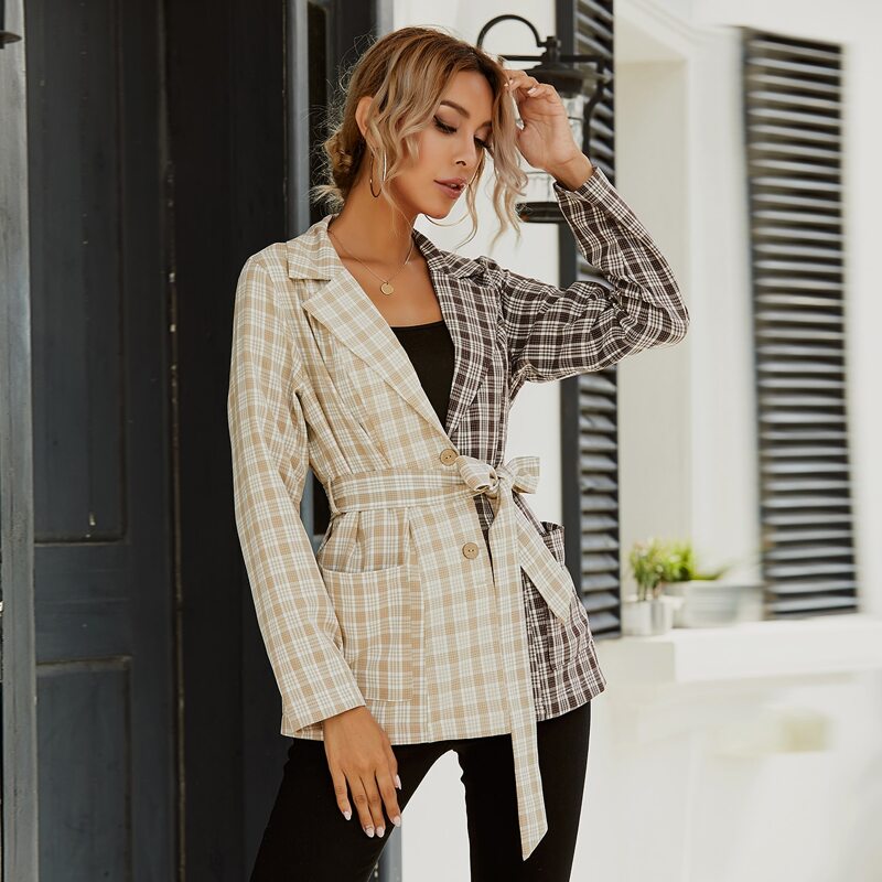 

Color Block Plaid Single Breasted Belted Blazer, Multicolor