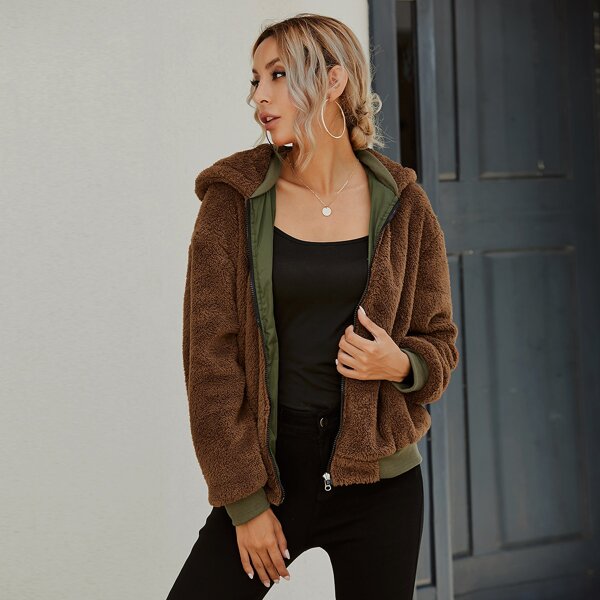

Zip Up Both Sides Wear Hooded Teddy Jacket, Brown