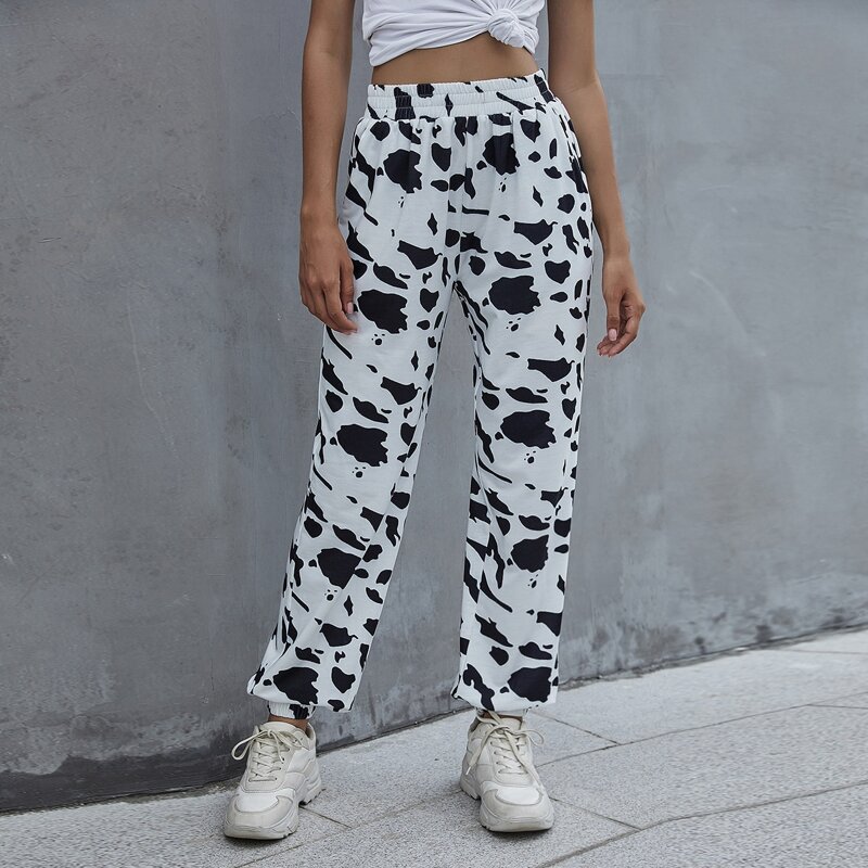 

Elastic Waist Cow Print Sweatpants, Black and white