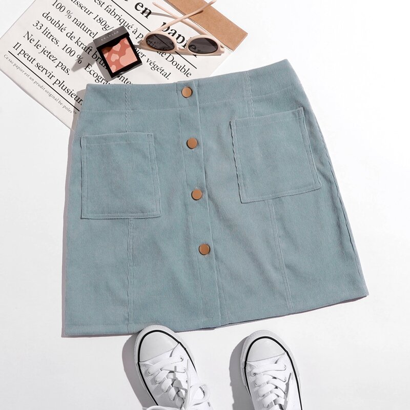 

Corduroy Button Front Skirt, Dusty blue