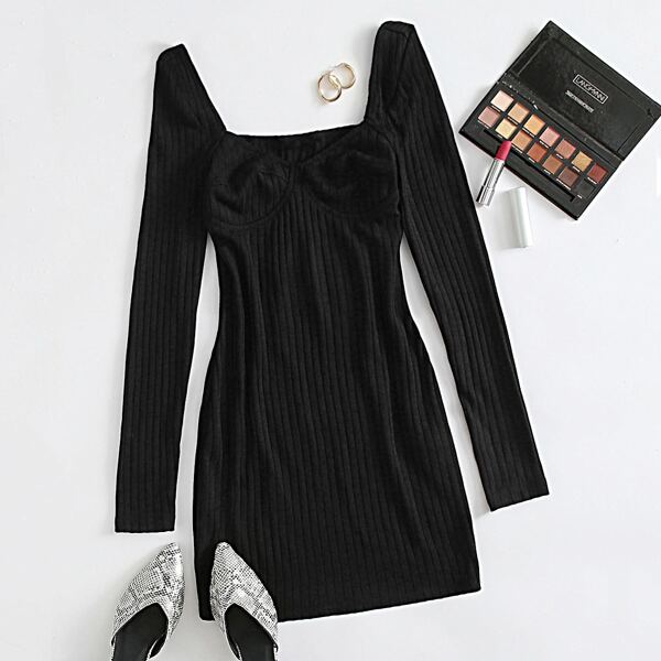 

Sweetheart Neck Rib-knit Bustier Bodycon Dress, Black