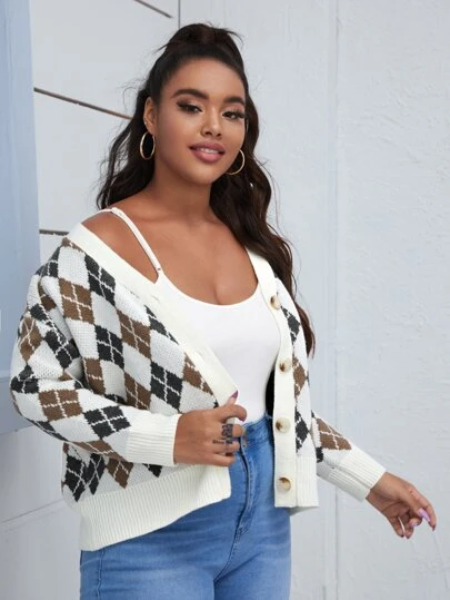Plus Button Front Argyle Pattern Cardigan