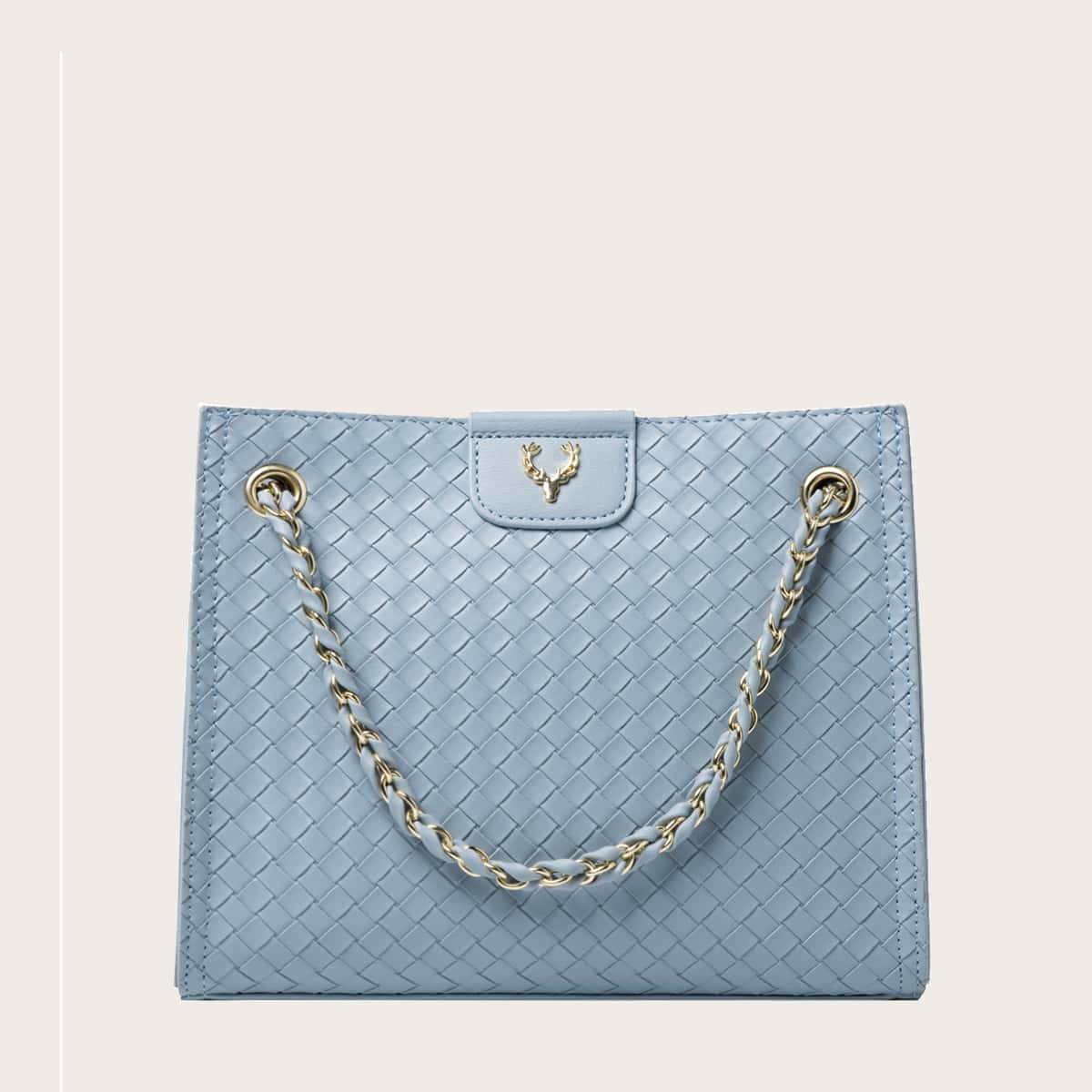 Metal Deer Decor Braided Tote Bag, Blue
