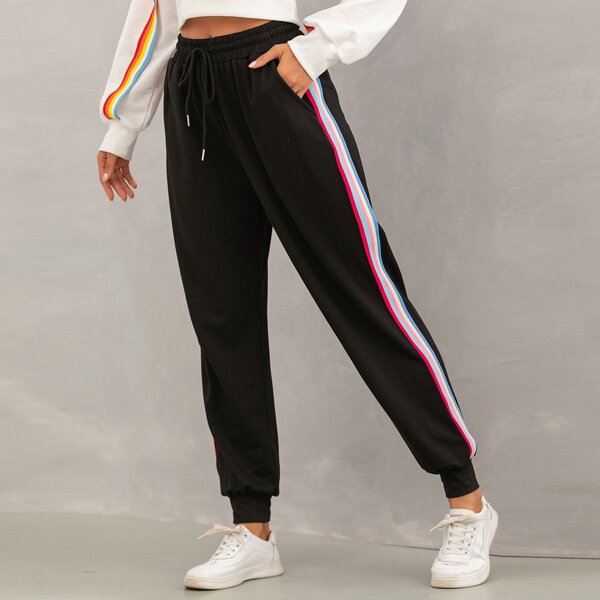 

Side Striped Drawstring Waist Slant Pocket Sweatpants, Black