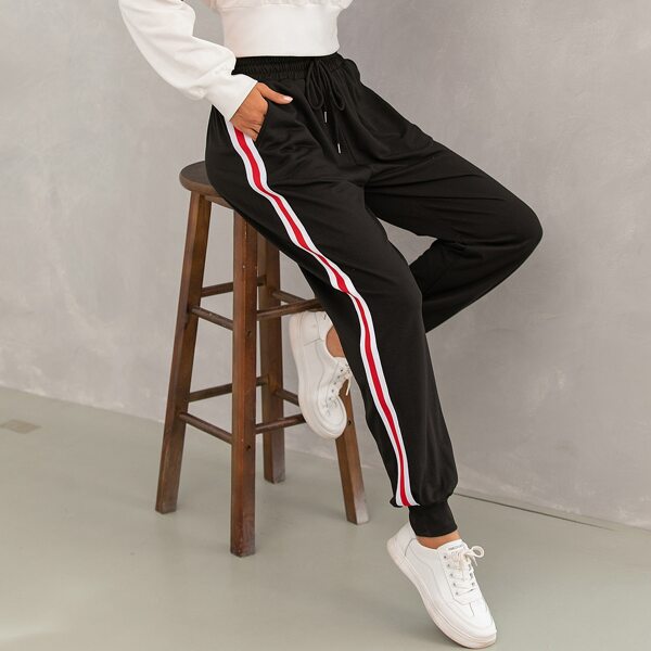 

Side Striped Drawstring Waist Slant Pocket Sweatpants, Black