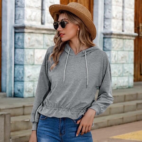 

Drawstring Hem Hooded Sweatshirt, Grey