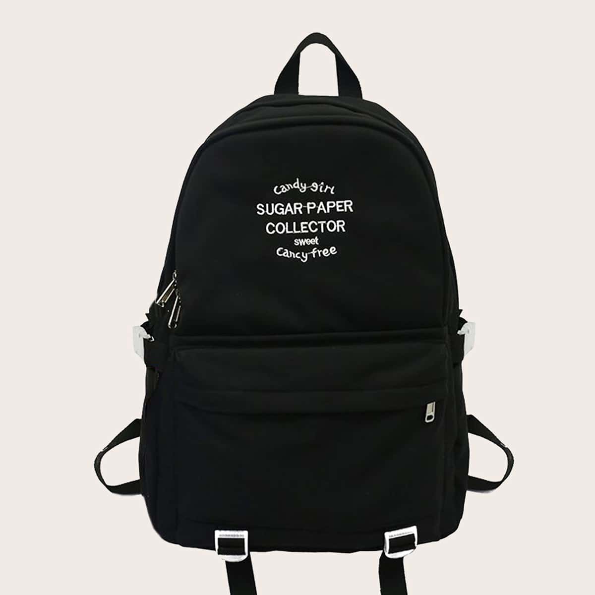 

Letter Embroidery Backpack, Black