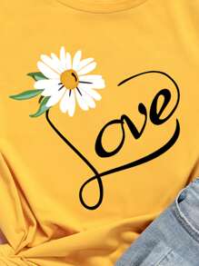 花卉和字母圖案T恤 - 黃色 - 查看 3