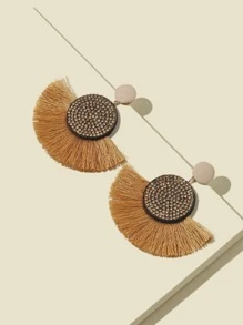 Rhinestone Decor Tassel Drop Earrings - Khaki - View 2