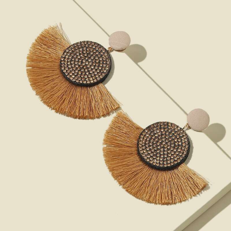 

Rhinestone Decor Tassel Drop Earrings, Khaki