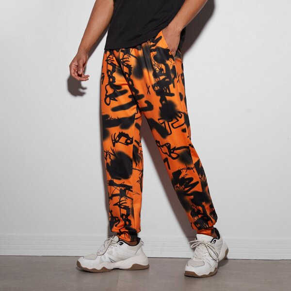 

Men Graffiti Print Drawstring Waist Sweatpants, Multicolor