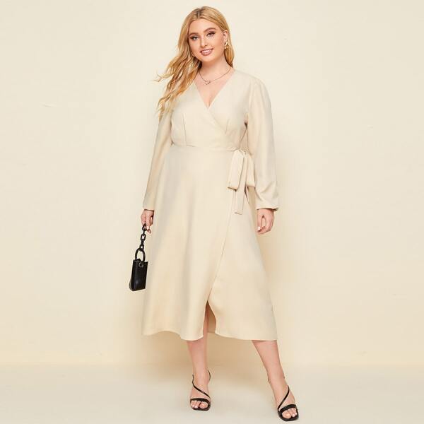 

Plus Solid Knot Side Wrap Dress, Beige