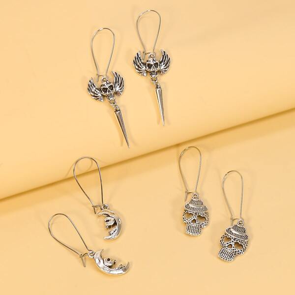 

3pairs Skull Charm Drop Earrings, Silver