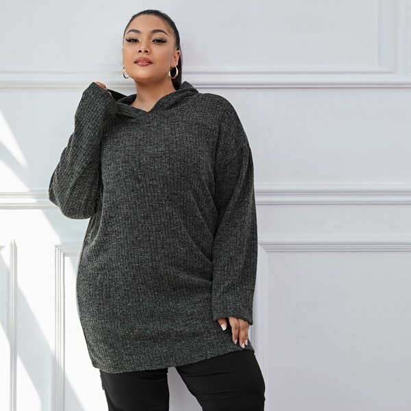 

Plus Solid Ribbed Longline Hoodie, Dark grey