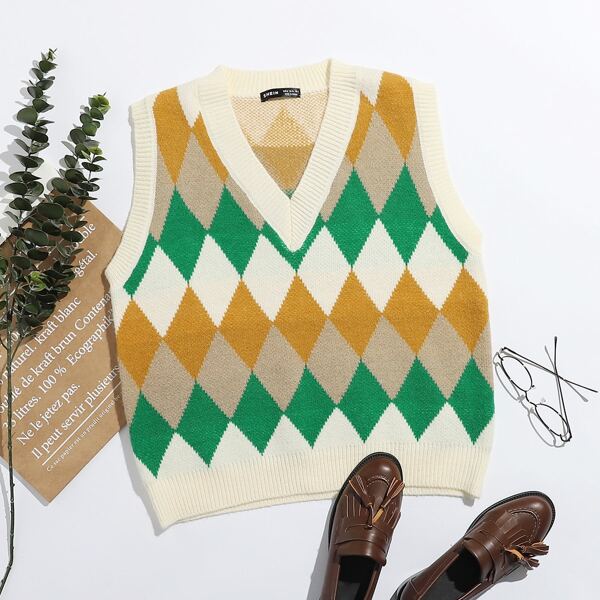 

Colorblock Argyle Pattern Sweater Vest, Multicolor