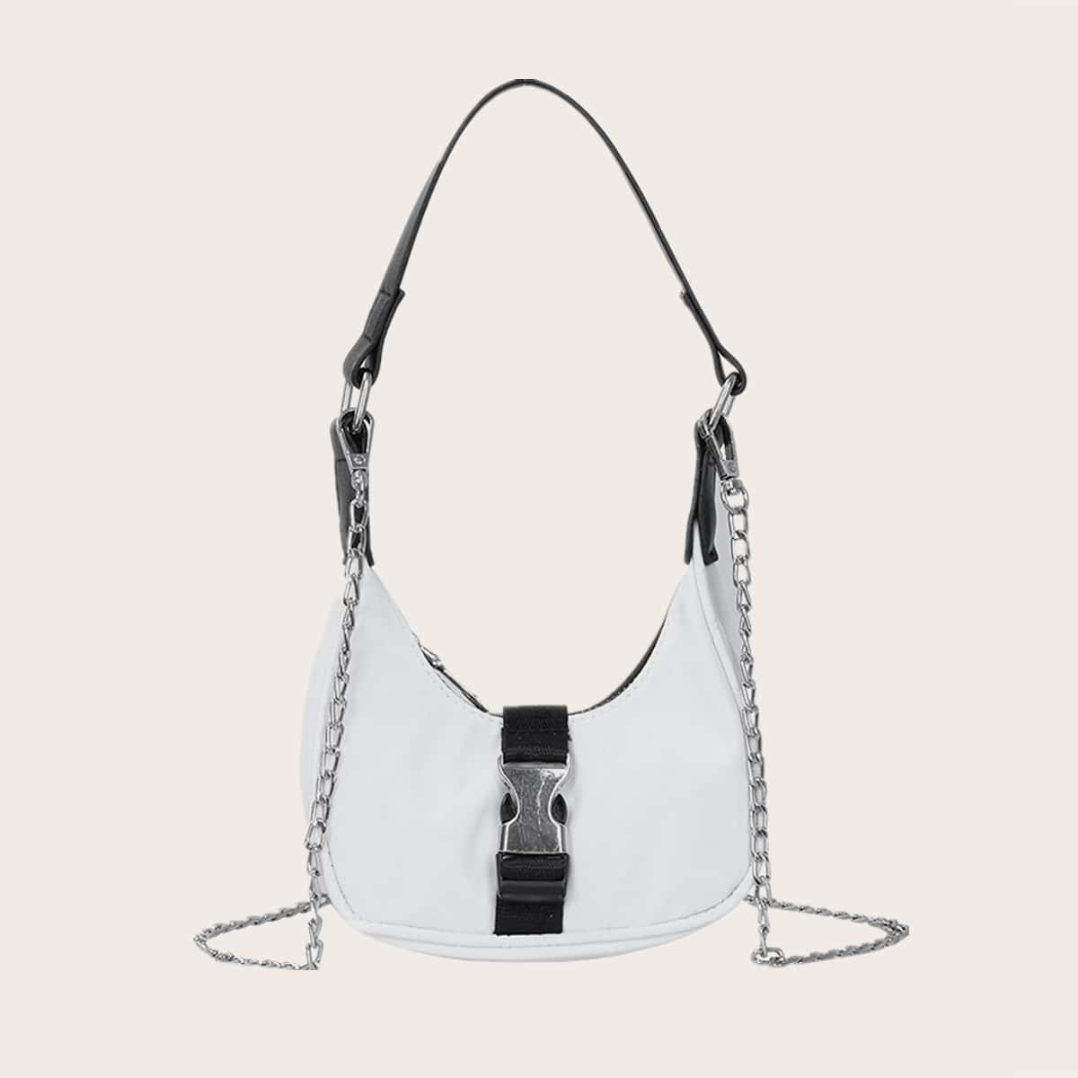 

Buckle Chain Baguette Bag, White