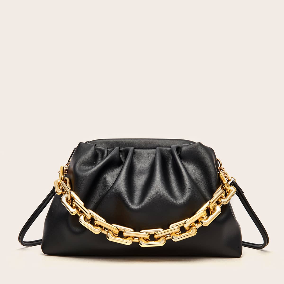 

Minimalist Ruched Bag With Chain Handle, Black