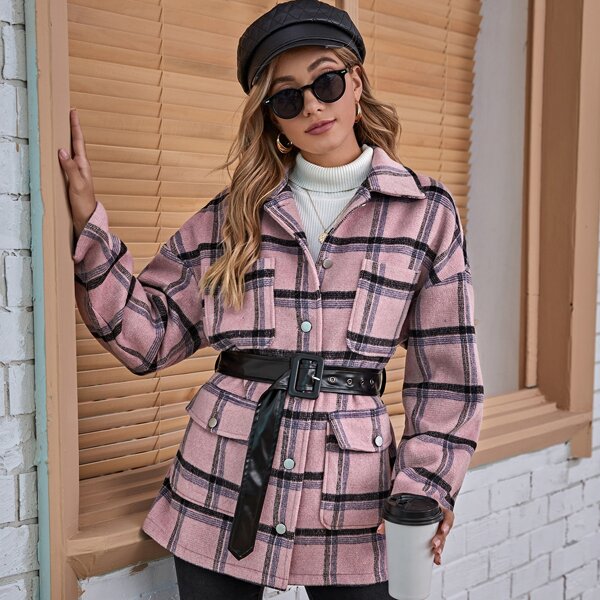 

Collared Buttoned Front Pocket Patched Plaid Coat With PU Belt, Dusty pink