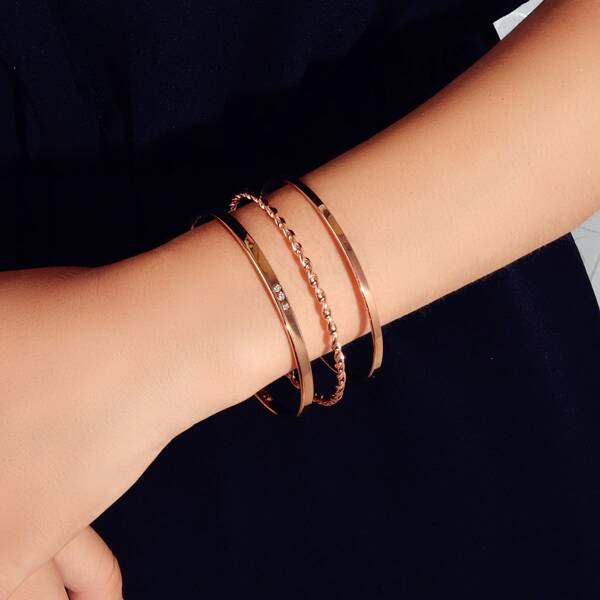 

3pcs Rhinestone Decor Bracelet, Rose gold