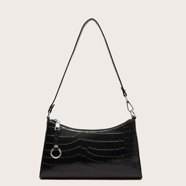 

Croc Embossed Baguette Bag, Black