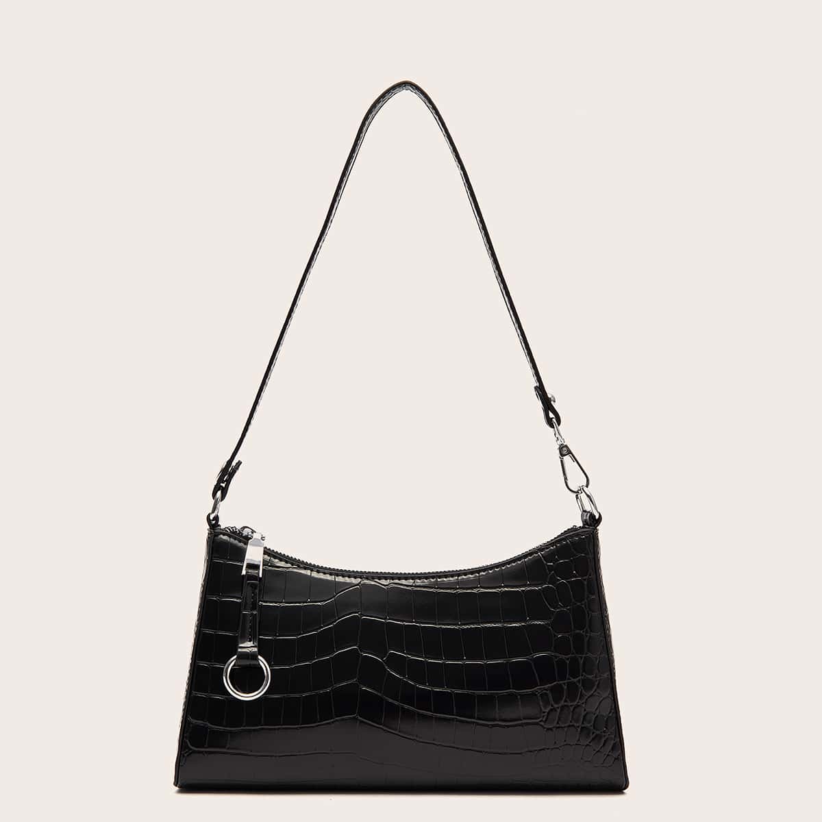 

Croc Embossed Baguette Bag, Black