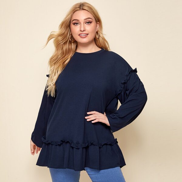 

Plus Solid Ruffle Hem Tee, Navy blue
