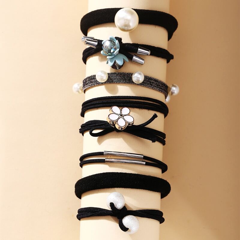 

8pcs Faux Pearl Hair Tie, Black