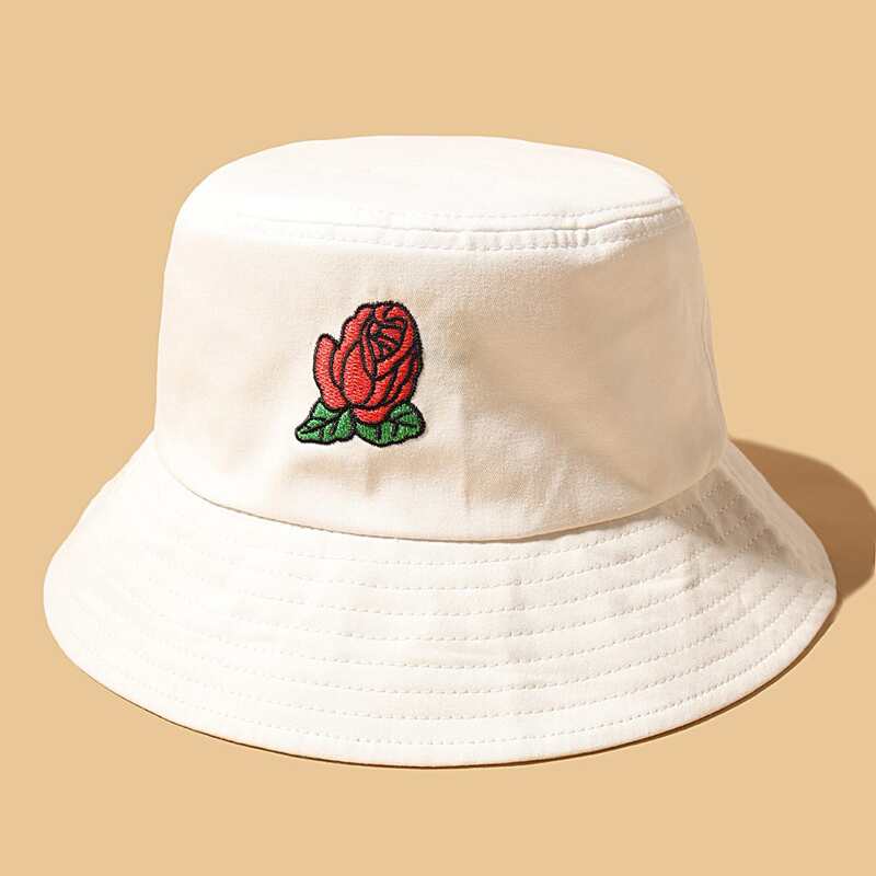 

Flower Embroidered Bucket Hat, White