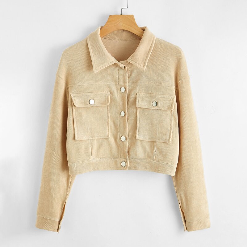 

Solid Corduroy Button Front Crop Jacket, Khaki