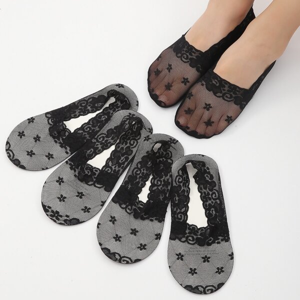

5pairs Flower Pattern Socks, Black